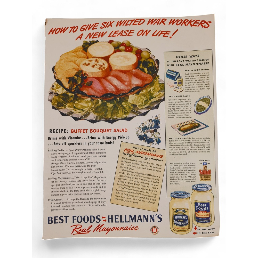 1944 Hellmann's Mayo "Give Wilted War Workers A New Lease on Life!" Vtg Print Ad